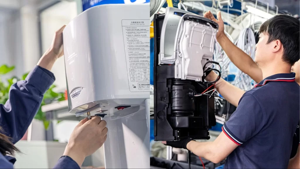 Factory workers assemble and inspect automatic hand dryer units